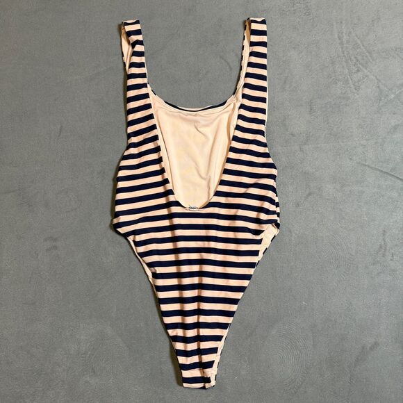 Aerie‎ Super Scoop One Piece NWOT Navy Pink Stripe High Cut Swimwear XL - Picture 3 of 5